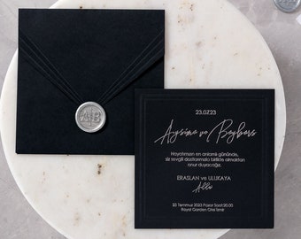 Silver Foil Black Wedding Invitation Card and Silver Monogram Wax Seal Black Envelope, Minimal Luxury Modern Design Printed Black Invite