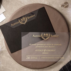 Gold Foil Acrylic Elegant Wedding Invitation and Monogram Gold Foil  Black Envelope, Transparent Clear Invite Card