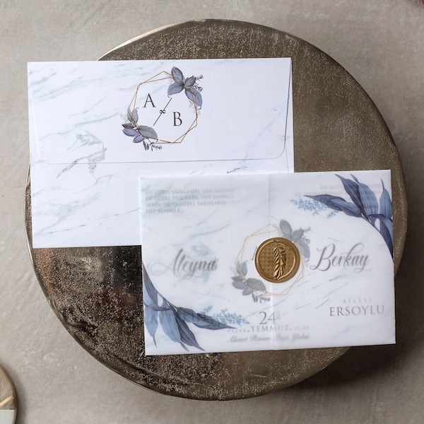 Marble Blue Flower Pattern Translucent Vellum Paper Coated White Wedding Invitation Suite and Gold Leaf Seal and Monogram White Envelope