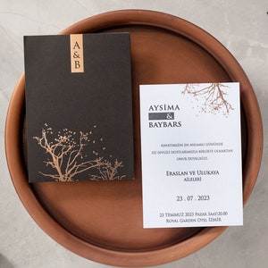 Rose Gold Foil Cream Modern Wedding Invitation Card and Rose Gold Foil Monogram Black Envelope, Tree Pattern Minimal Simple Invite, Printed