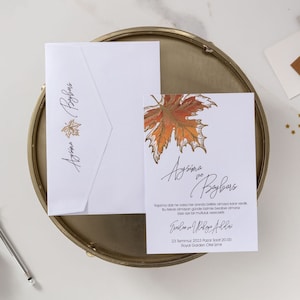 Gold Foil Leaf White Modern Wedding Invitation Card and Gold Foil Monogram White Envelope, Leaf Pattern Minimal Simple Invite, Printed