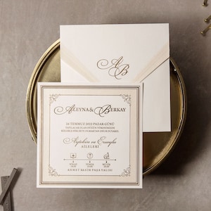 Gold Foil Frame Simple Wedding Invitation and Monogram Beige Envelope, Gold Foil Modern Luxury Minimal Invite Card With Timeline