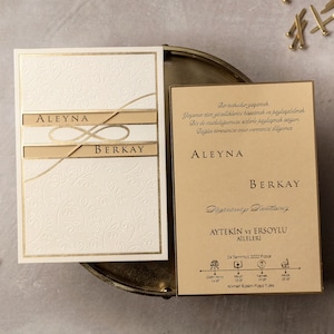 Tan Brown Gold Foil Wedding Invitation Card and Flower Embossed Velvet Ivory Envelope, Minimal Luxury Modern Design Invite and Timeline