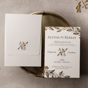 Gold Flower Leaf - Initial Monogram Embossed Wedding Invitation and Foiled Leaf Embossed Beige Envelope, Modern Luxury Minimal Invite Card