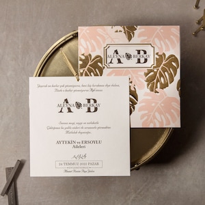 Cream Ivory Wedding Invitation and Gold Foiled Embossed Leaf Pink Gold Elegant Envelope, Modern Luxury Minimal Printed Invite Card