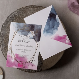 Water Colored Gold Gilding Foiled Geometric Frame Wedding Invitation and Water Colorful Envelope, Modern Luxury Minimal Invite Card