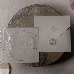 Silver Foil Wedding Invitation and Silver Leaf Flower Detail Embossed Grey Envelope, Silver Foil Botanical Invite Card