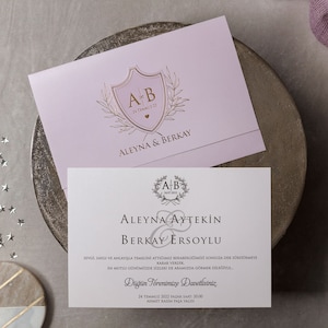 White Wedding Invitation and Gold Foiled Leaf Embossed Initial Monogram Pink Gold Envelope, Modern Luxury Minimal Printed Invite Card