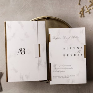 Marble Pattern Gold Leaf Simple Wedding Invitation and Monogram Envelope, Gold Foil Modern Luxury Minimal Invite Card