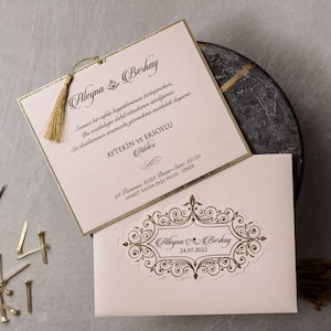 Thick Invitation, Powder Pink Luxury Tasseled Wedding Invitation and Name Card Envelope, Gold Foil Embossed Invite Card