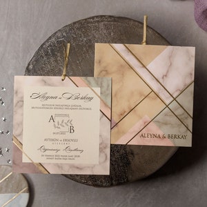 Colorful Marble Patterned Gold Leaf Wedding Invitation and Gold Foiled Envelope, Modern Luxury Minimal, Printed Invite Card