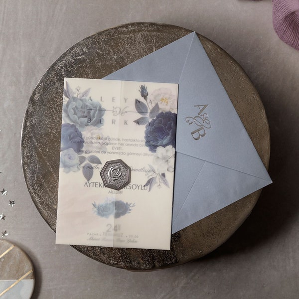 Blue Flower Translucent Vellum Paper Coated Cream Wedding Invitation Card and Silver Rose Seal and Monogram Blue Envelope, Party Invite