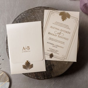 Acrylic Gold Foiled Wedding Invitation and Monogram Gold Foil Cream Envelope, Clear Transparent Invite Card