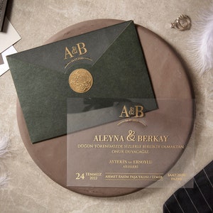 Acrylic Luxury Wedding Gold Foil Invitation and Dark Green Gold Leaf Seal Monogram Envelope, Clear Transparent Invite Card