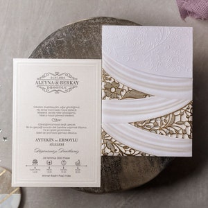 Elegant Monogram Wedding Invitation and Gold Leaf Flower Detail Embossed White Envelope, Gold Foil Botanical Invite Card and Timeline