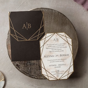 Marble Pattern Geometric Luxury Wedding Invitation and Black Envelope, Gold Foil Modern Minimal Invite Card, Printed - Premium Foiled