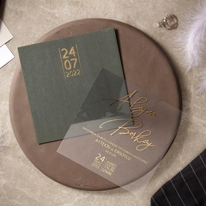 Acrylic Elegant Wedding Gold Foil Invitation and Gold Foil Monogram Khaki Grey Envelope, Clear Transparent Invite Card