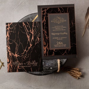 Black Copper Marble Pattern Acrylic Wedding Invitation and Monogram Gold Foil Black Envelope, Clear Transparent Invite Card