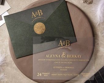 Acrylic Luxury Wedding Gold Foil Invitation and Dark Green Gold Leaf Seal Monogram Envelope, Clear Transparent Invite Card