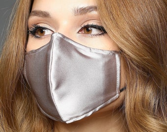 Luxury Silver Grey Satin Silk Face Mask with Anti-Fog Nose Wire , Filter Pocket - Adjustable - Reusable Washable - Luxury Wedding Face Masks