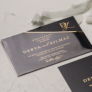Gold Foil Simple Black Wedding Invitation and Gold Foil Frame Acrylic Envelope, Clear Transparent Envelope | Minimal Invite Card