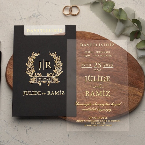 Gold Foil Acrylic Gold Foil Elegant Wedding Invitation and Monogram Gold Foil Black Sleeve, Clear Transparent Invite Card