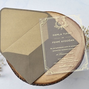 Acrylic Elegant Wedding Gold Foil Invitation and Gold Foil Monogram Green Brown Envelope, Clear Transparent Invite Card