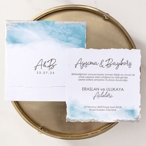 White Sea Blue Nature Silver Foil Wedding Invitation and White Blue Envelope, Modern Luxury Minimal Printed Invite Card, Beach Party Invite