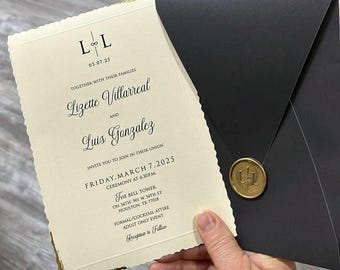 Gold Foil Wedding Invitation: Modern Ivory Card with Black Envelope