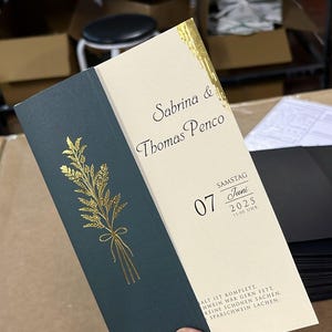 Cream Luxury Gold Foil Edge Wedding Invitation and Gold Leaf Green Cover with Wax Seal and Gold String, Invite Gold Edge Card