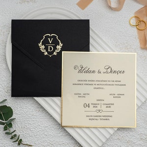 Gold Foil Framed Cream Beige Modern Wedding Invitation Card and Gold Foiled Leaves Monogram Black Envelope, Minimal Luxury Invite, Printed