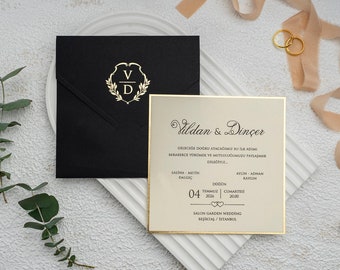 Gold Foil Wedding Invitation: Cream Beige, Black Envelope, Monogram