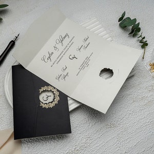 Gold Foil Leaves Black Flap Folded Modern Wedding Invitation Card, Minimal Luxury Invite, Printed