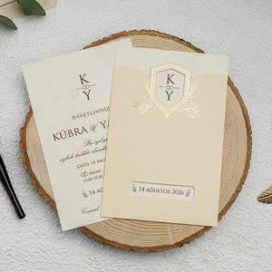 Marble Pattern White Modern Wedding Invitation Card and Cream Gold Foil Floral Botanical Monogram Sleeve, Minimal Invite, Printed