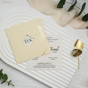 Marble Pattern White Modern Wedding Invitation Card and Cream Gold Foil Leaf Botanical Sleeve, Minimal Invite, Printed