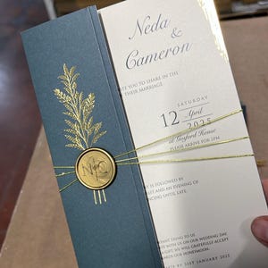 Cream Luxury Gold Foil Edge Wedding Invitation and Gold Leaf Green Cover with Wax Seal and Gold String, Invite Gold Edge Card