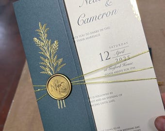 Gold Foil Wedding Invitation: Cream Card with Green Cover & Wax Seal