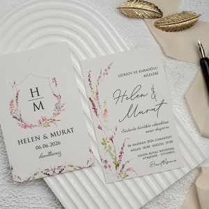 Botanical Light Gray Modern Wedding Invitation Card with Colorful Flowers -Floral Monogram Light Gray Sleeve, Minimal Luxury Invite, Printed
