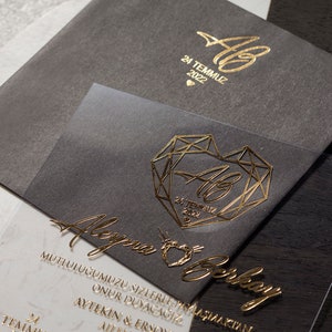 Acrylic Elegant Wedding Gold Foil Invitation and Gold Foil Monogram Black Envelope, Clear Transparent Invite Card
