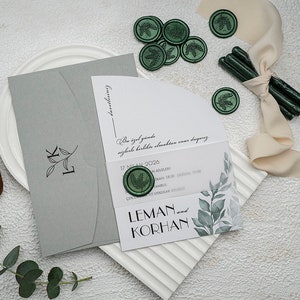 Leaves Pattern Half Arch White Wedding Invitation Card with Vellum Belly Band and Green Wax Seal - Botanical Pastel Green Envelope, Printed