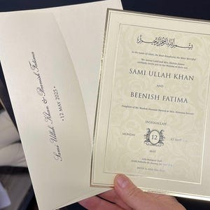 Gold Foil Framed Cream Beige Modern Wedding Invitation Card and Cream Beige Envelope, Minimal Luxury Invite, Printed