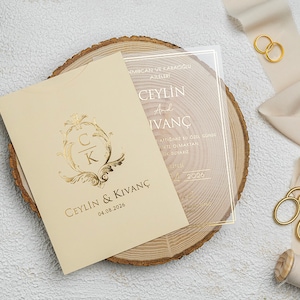 Cream Acrylic Luxury Gold Foil Clear Wedding Invitation Card and Gold Monogram Cream Sleeve, Clear Transparent Invite Card with Gold Border