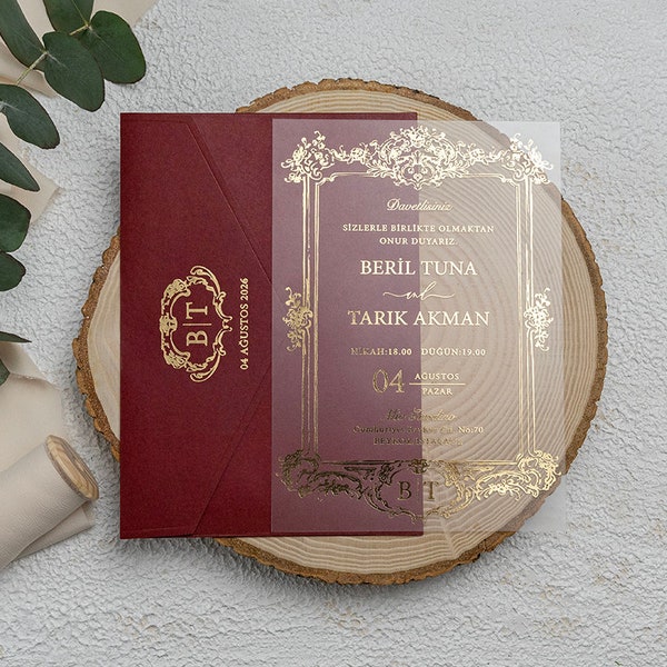 Acrylic Elegant Wedding Invitation with Gold Foil Frame and Gold Foil Monogram Burgundy Red Envelope, Clear Transparent Invite Card