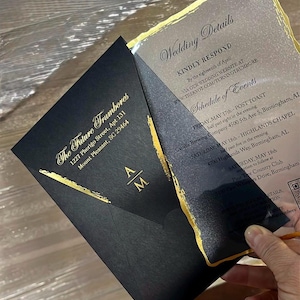 Luxury Gold Foil Acrylic Wedding Invitation – Transparent Invite Card with Gold Foiled Edges and Elegant Black Envelope