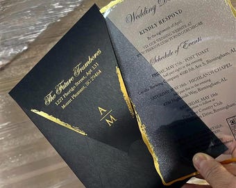 Gold Foil Acrylic Wedding Invitation with Transparent Card and Black Envelope, Luxury Modern Clear Wedding Invite Suite