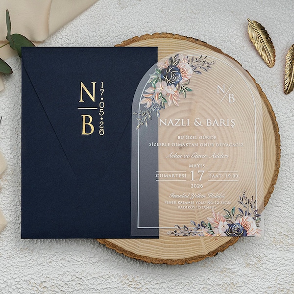 Oval Acrylic Wedding Invitation Card with Flower Border - Gold Foil Dark Navy Blue Envelope, Curved Arched Leaf Botanical Clear Transparent
