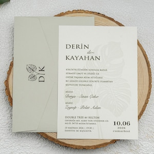 Floral Embossed White Modern Wedding Invitation Card and Sage Green Monstera Leaves Envelope, Minimal Simple Invite, Printed