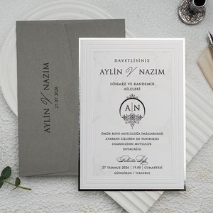Silver Foil Framed White Modern Wedding Invitation Card and Gray Envelope, Minimal Luxury Invite, Printed