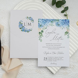 Blue Floral Botanical White Modern Wedding Invitation Card and Blue Flowers Monogram White Envelope, Minimal Simple Invite, Printed