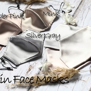 Luxury Silver Grey Satin Silk Face Mask with Anti-Fog Nose Wire , Filter Pocket Adjustable Reusable Washable Luxury Wedding Face Masks image 2